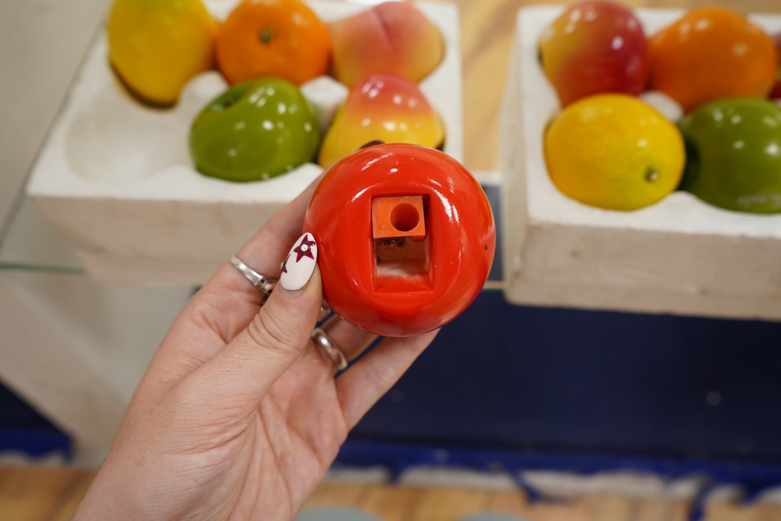 Two boxed sets of novelty Chinese Penguin Brand pencil sharpeners in the form of fruit